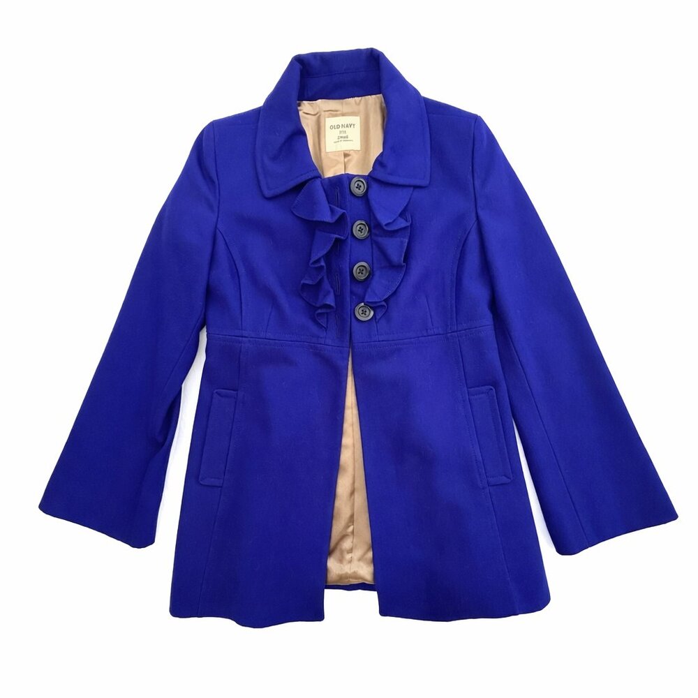 Old Navy Royal Blue Wool Blend Peacoat Ruffle Front Coat Jacket Small